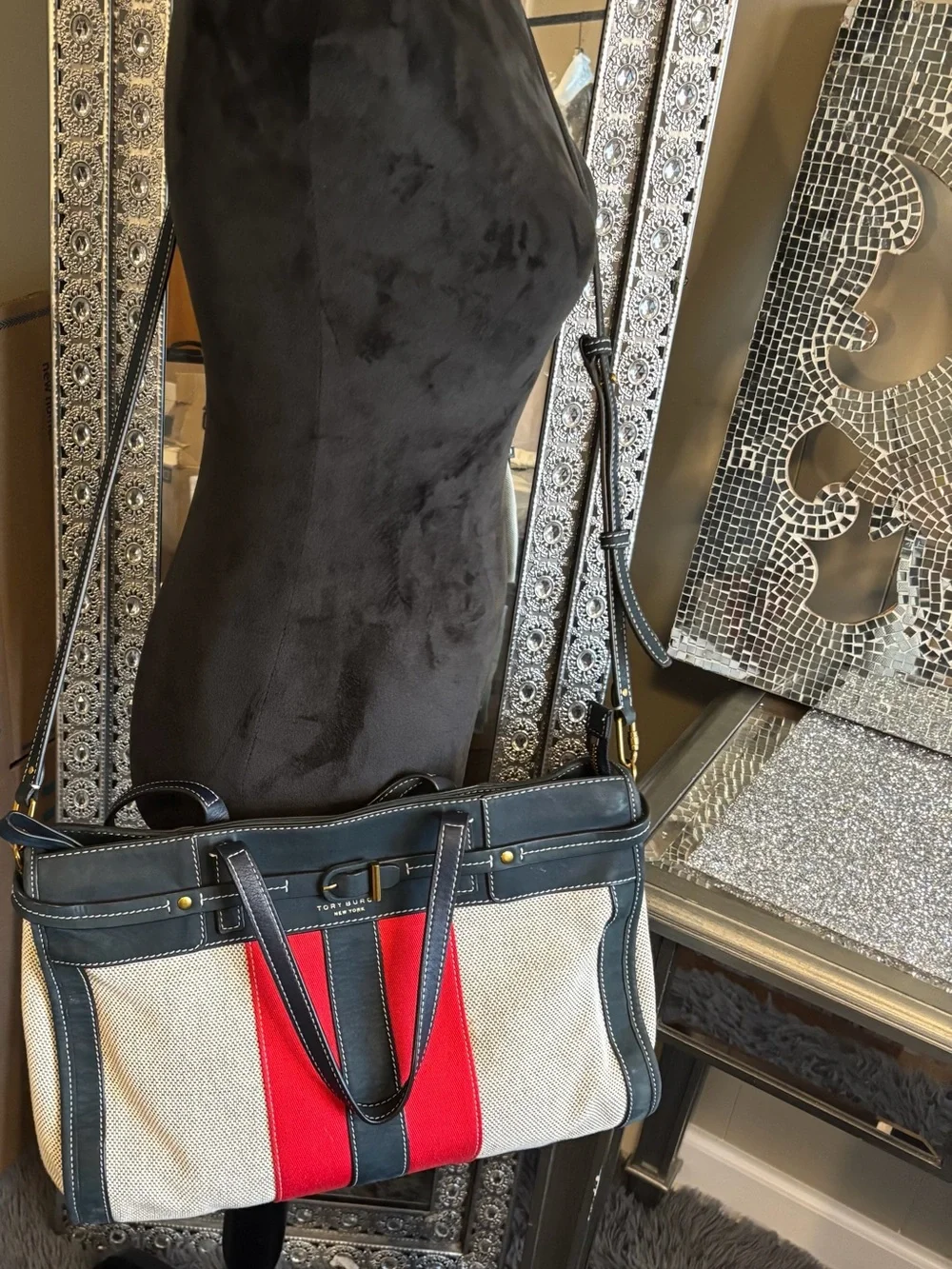💕Tory Burch Canvas & Leather Shoulder Bag with Red Stripe
